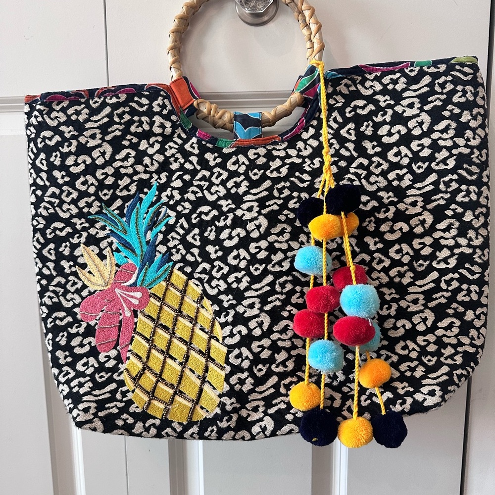 ❤️ Black, Blue, Aqua, Red and Yellow Beach Bag Tote with Pom-Poms